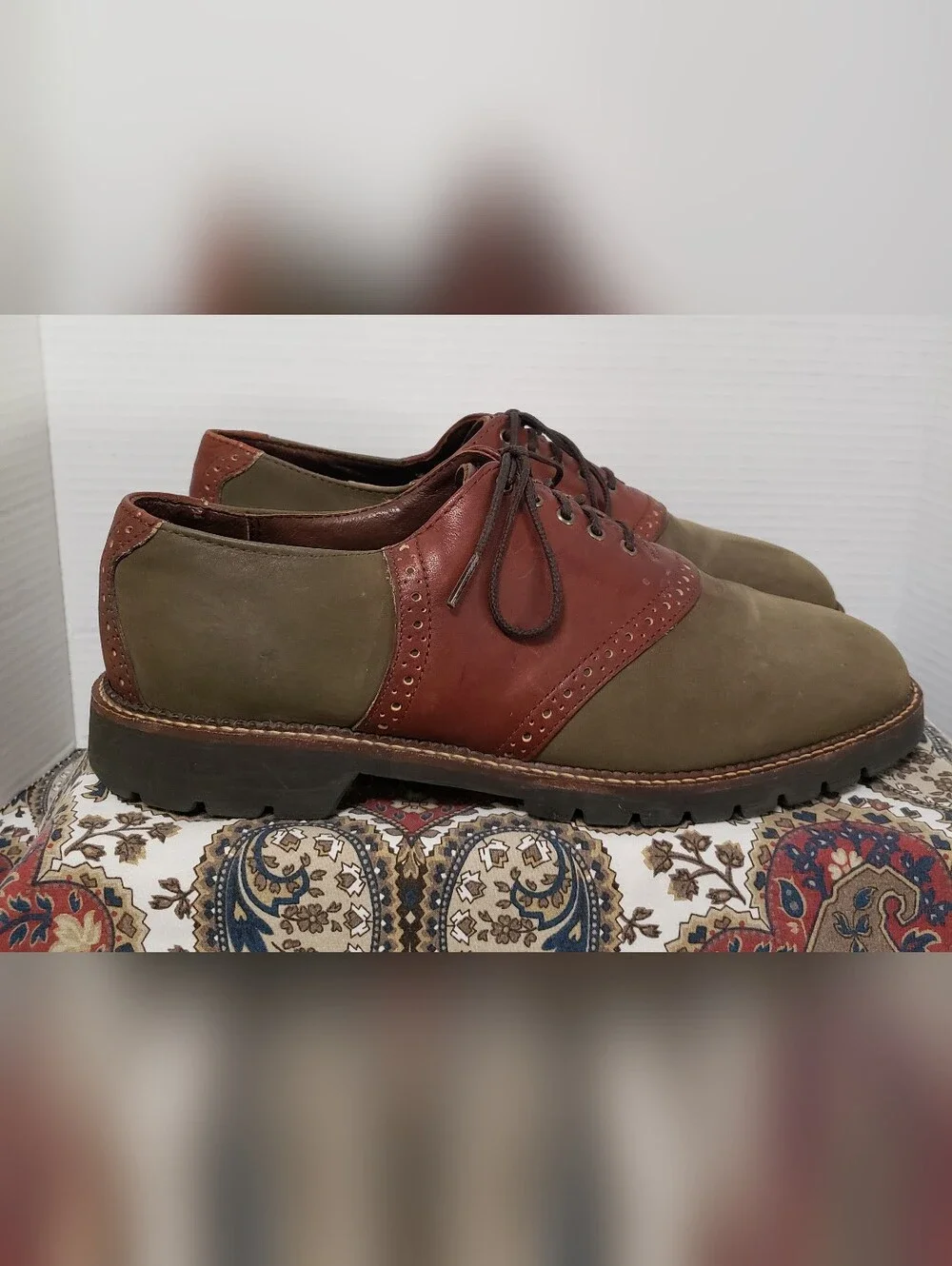 H.S.Trask Mens Loden Green Nubuck Brown Leather Saddle Oxford Shoes 11M